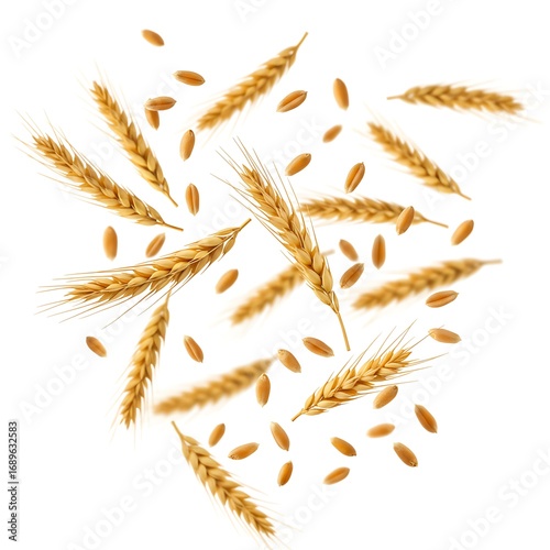 Falling Wheat isolated on white background, selective focus