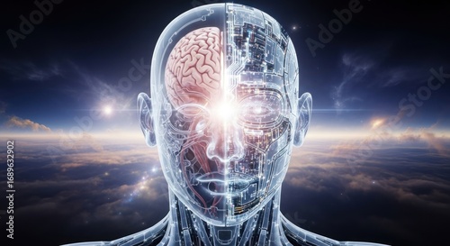 Futuristic Cyborg Head with Visible Brain and Circuitry Against a Cloudy Sky