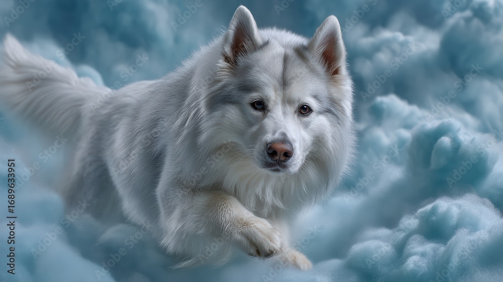Obraz premium White shepherd dog sprinting through clouds
