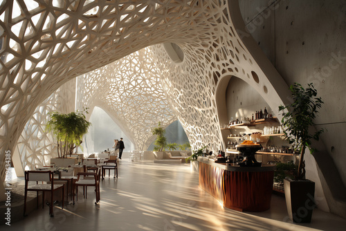 modern design of a spacious, bright, premium coffee shop