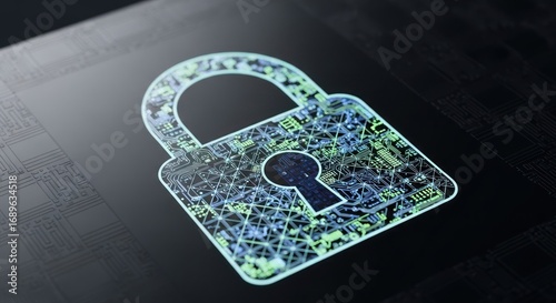 Glowing Circuit Padlock: Digital Security on Dark Surface with Geometric Patterns