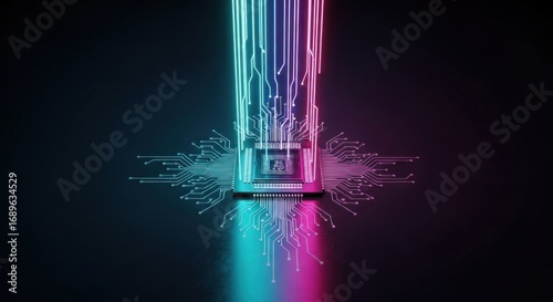 Glowing Circuit Board with Teal and Magenta Light Streams on Dark Background