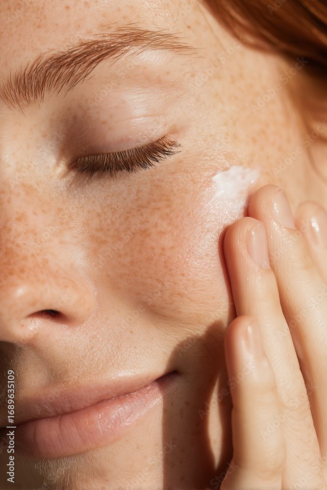 Fototapeta premium Skincare promotional image of a young woman applying cream to her face with fingers.