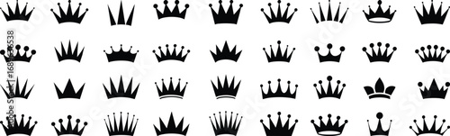 Crown icons, black silhouette, royalty symbols, vector illustration, regal design, tiara shapes, noble emblem, graphic element, king queen motif