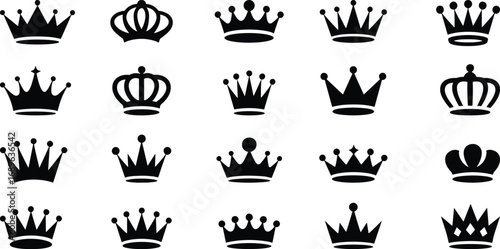 Crown icons, black silhouette, royalty symbols, vector illustration, regal design, tiara shapes, noble emblems, graphic elements, king queen motif