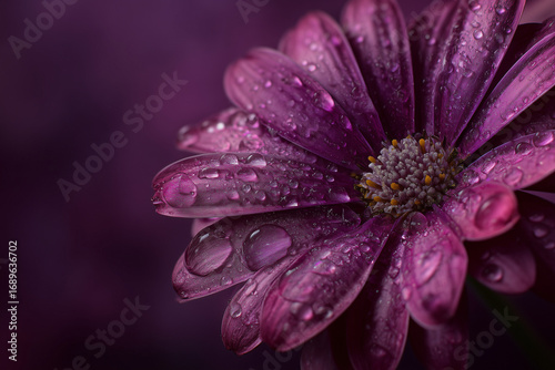 Macro shot of a purple flower with sparkling water droplets on its petals, set on a black background.