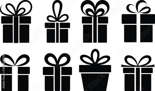 Gift icons, present symbols, vector illustration, black silhouette, bow design, wrapped box, festive element, celebration graphic, holiday packaging, minimal style