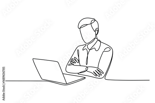 Continuous one line drawing of man working on laptop