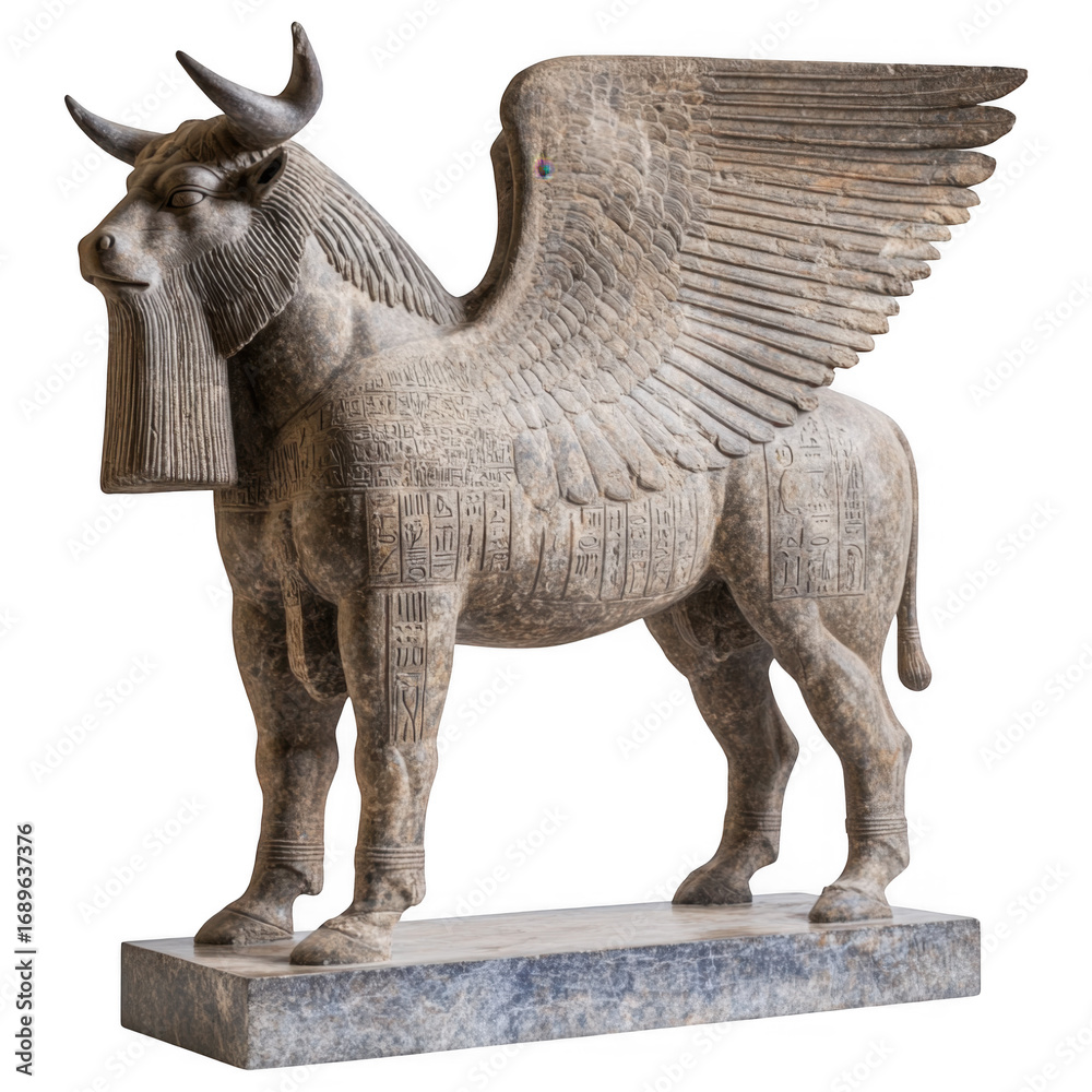 Fototapeta premium Ancient Winged Bull Statue: A stoic and imposing, ancient winged bull sculpture, showcasing intricate carvings and weathered texture. This artwork reflects a rich historical and cultural background.