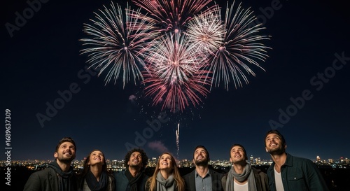 Group of Friends Enjoying Fireworks Display Over City Skyline at Night