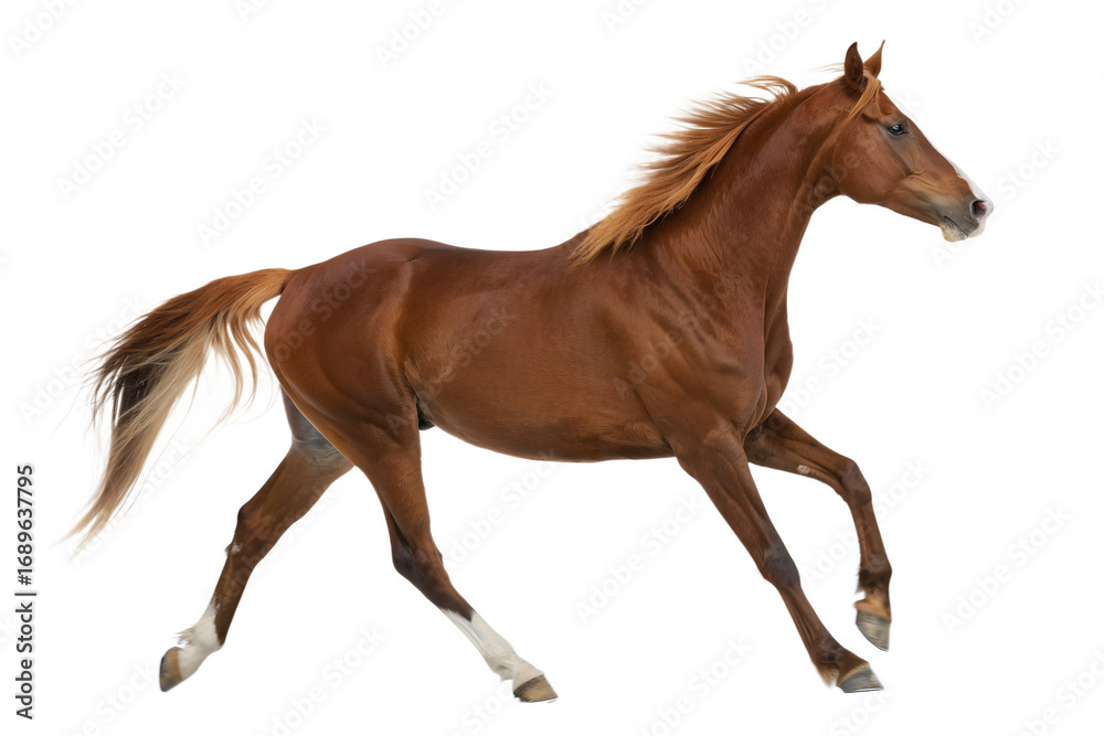 Naklejka premium A powerful and elegant chestnut horse gallops with grace and speed, showcasing its magnificent form and flowing mane against a clean white backdrop, embodying freedom and strength