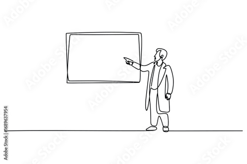 Teacher explaining at blackboard one line minimal vector illustration