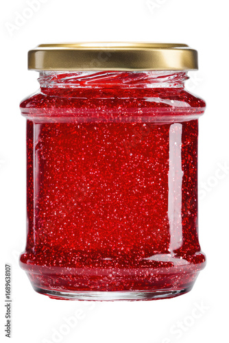 A clear glass jar filled with red jam.  A gold colored metal lid sits atop the jar