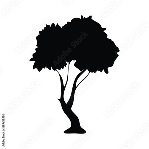 A beautiful vector tree silhouette with lush green leaves stands in a peaceful natural landscape under a vibrant sunset sky