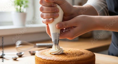 Hands piping creamy frosting onto a golden cake, kitchen setting, soft light