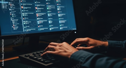 Hands typing on keyboard, illuminated by a screen displaying data in a dark room