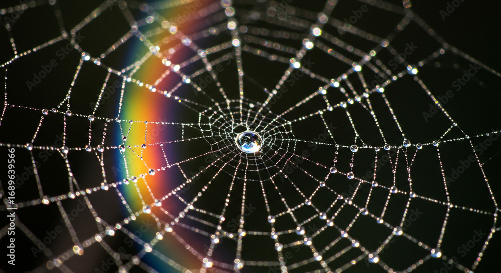 Fototapeta premium Raindrops on Spiderweb with Rainbow Reflections