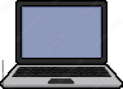 Pixel art illustration of an open laptop computer with a blank screen. Retro 8-bit digital device icon for technology or video game concepts