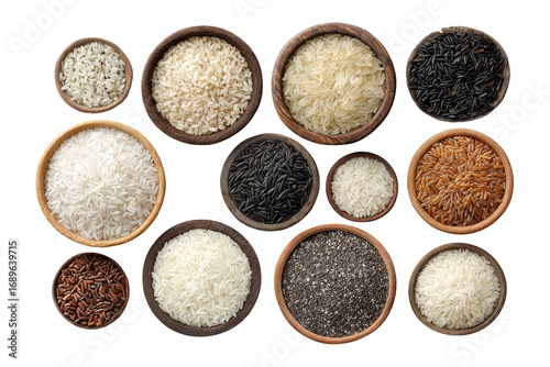 Assorted grains in small wooden bowls, overhead view.  Various types of rice, including white, brown, black, and wild rice, are displayed in shallow bowls.  A dark background isolates the image