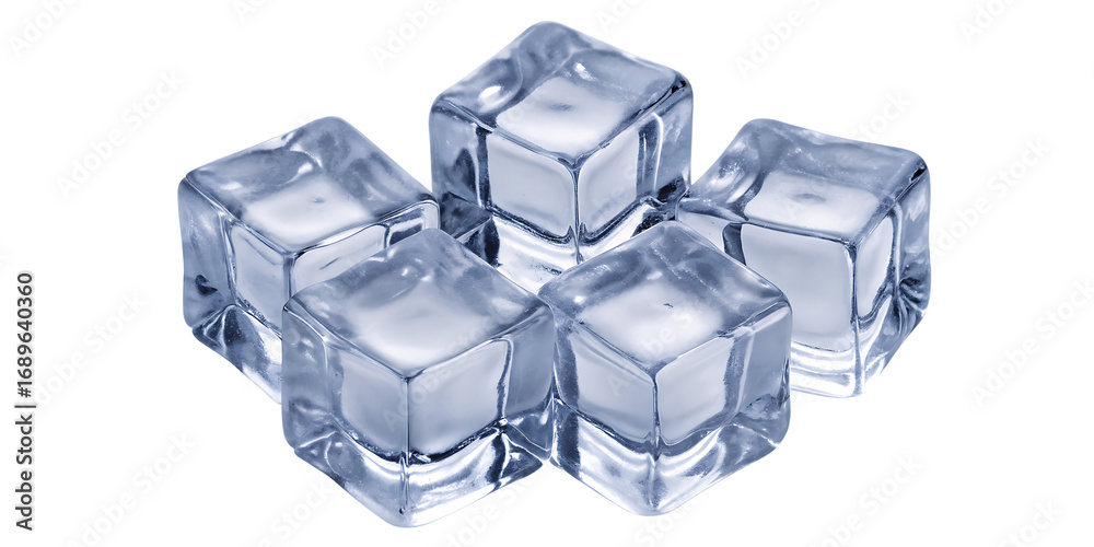 Obraz premium Five clear ice cubes clustered together isolated on a transparent background frozen
