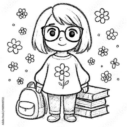 Smiling girl ready for school with books and backpack