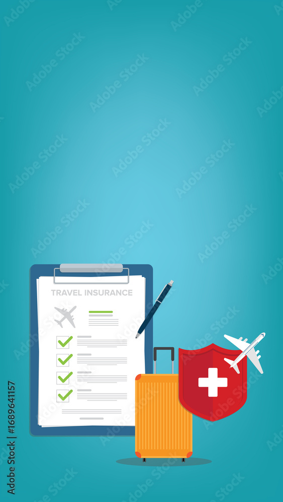 Obraz premium Travel insurance. Traveling luggage suitcase and airplane trip protect. Plane flight safety symbol. Aircraft journey risk protection. 