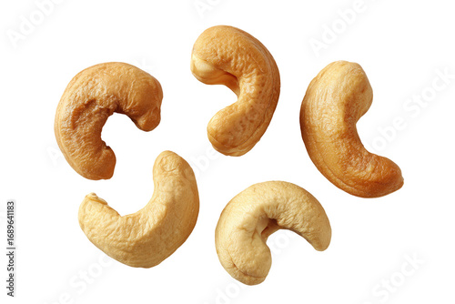 Five whole cashews arranged in a loose starburst pattern.  Light beige/tan colored nuts,  slightly glossy surface,  distinct curved shapes.  Image is isolated on black background