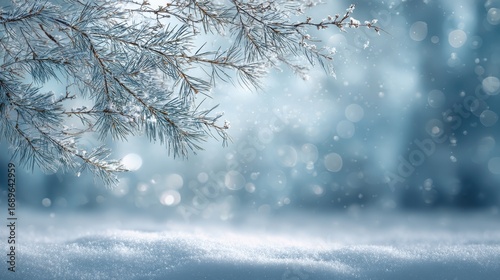 A frosted pine branch hangs in the upper left corner of this wintry scene. Below it, soft snowdrifts create a peaceful landscape. Gentle snowflakes fall against a blurred, light.