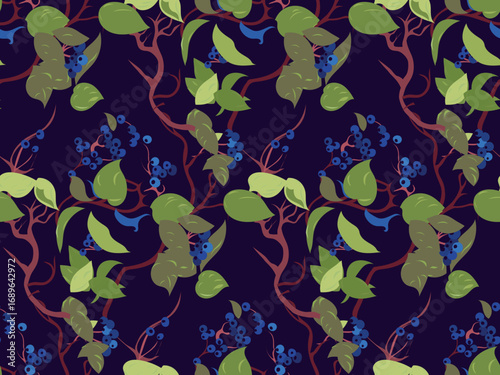 Beautiful floral pattern with branches of blueberry (bilberry) berries on a dark purple background. Forest botanical motifs are elegantly curly. Seamless vector texture. Elegant berry print template.