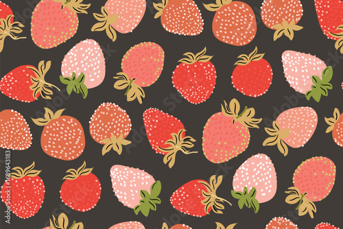 Vector seamless pattern. Fresh strawberry print. Graphic repeating texture with sweet fresh strawberries scattered randomly on a brown background. Vector illustration art for design textiles, paper...