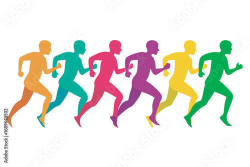 Vibrant illustration of eight diverse runners in motion