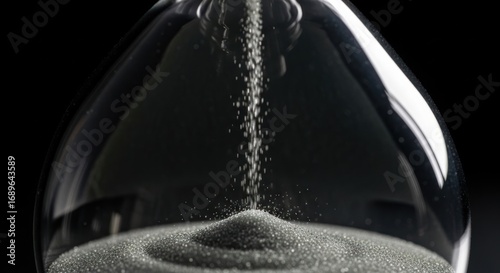 Hourglass sand falling, time slipping away, macro shot against black background