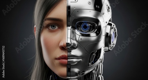 Humanoid Robot Face: Half Organic, Half Metallic, Futuristic Technology