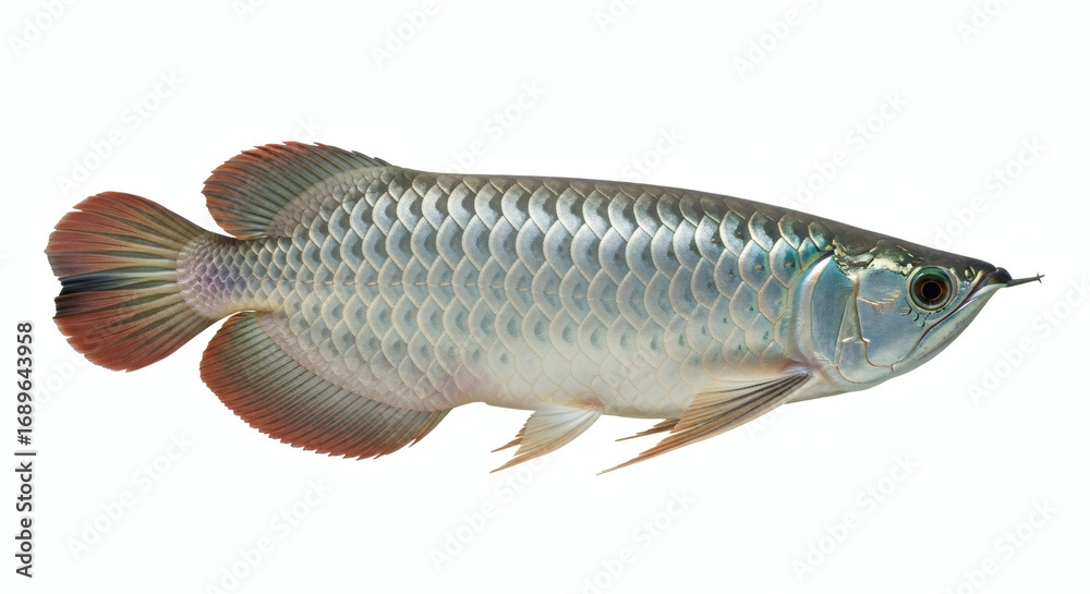 Obraz premium A striking silver Arowana fish with iridescent scales and prominent fins, isolated on a clean white background, showcasing its aquatic beauty.