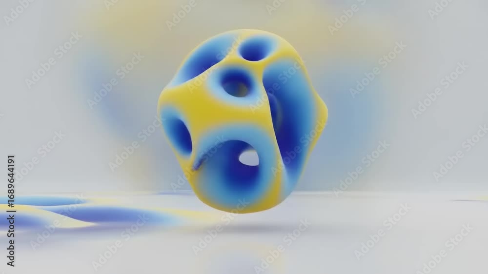 Abstract blue and yellow geometric shape floating above a smooth, blurred background with soft colors