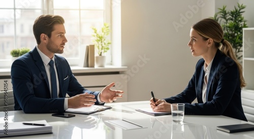 Intense business meeting with focused woman taking notes, bright office setting