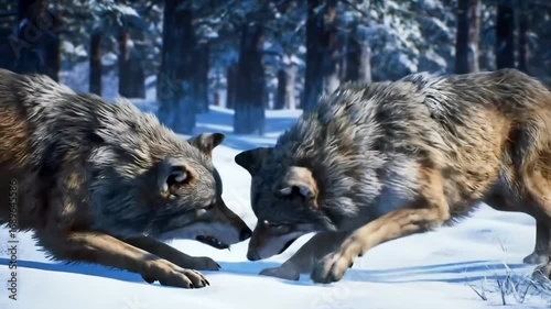 two wolves fighting in snowy forest,