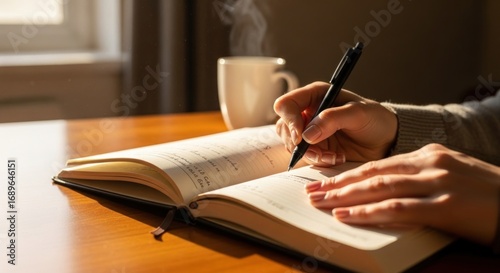 Journaling with Coffee: Woman's Hands Writing in Open Notebook on Wooden Table
