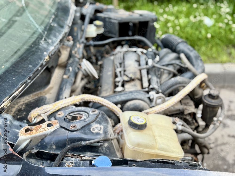 Fototapeta premium Disassembled Car Engine Showcasing Its Exposed Components Awaiting Repairs and Diagnostics. A front view of disassembled car, showcasing exposed engine components and various internal mechanical parts