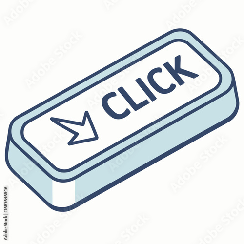 A simple blue and white button with the word click and an arrow pointing down to it
