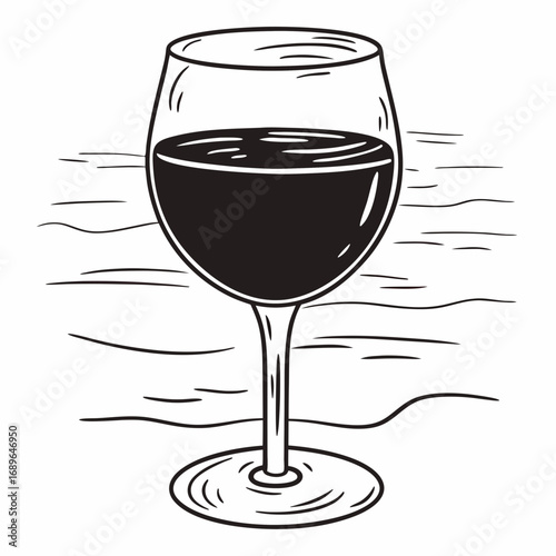 A simple black and white line drawing of a glass filled with dark red wine and a wavy background