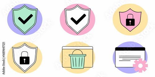 Collection of flat design icons representing security privacy data deletion and settings in a digital interface