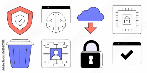 Collection of flat design icons representing cybersecurity concepts like data protection artificial intelligence cloud storage and user privacy