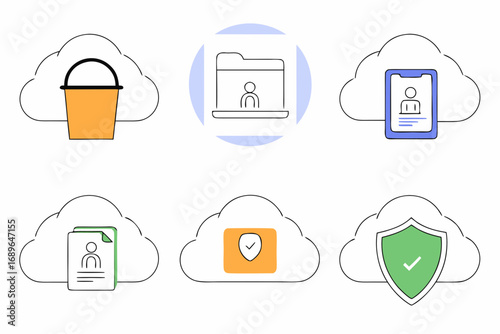 Collection of cloud icons representing data storage user profiles documents and security measures