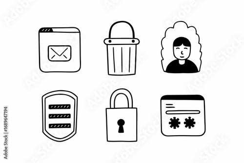 Collection of hand drawn doodle icons representing email trash user profile security shield padlock and login screen