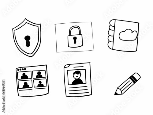 Collection of hand drawn icons representing security cloud storage online meetings personal profiles and writing tools