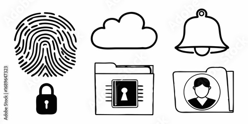 Collection of hand drawn icons representing security cloud storage notifications user profiles and data protection