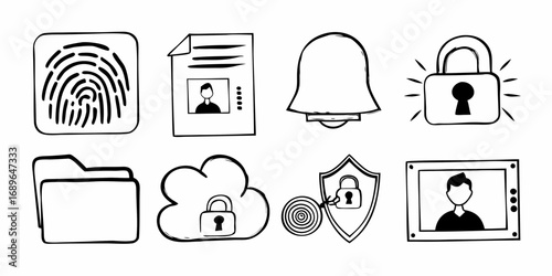 Collection of hand drawn icons representing security concepts like fingerprint id card notification lock folder cloud storage and data protection