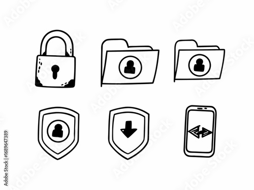 Collection of hand drawn icons representing security privacy data protection and digital access on a white background