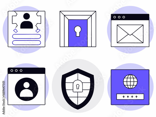 Collection of modern flat design icons representing cybersecurity concepts like login access and protection